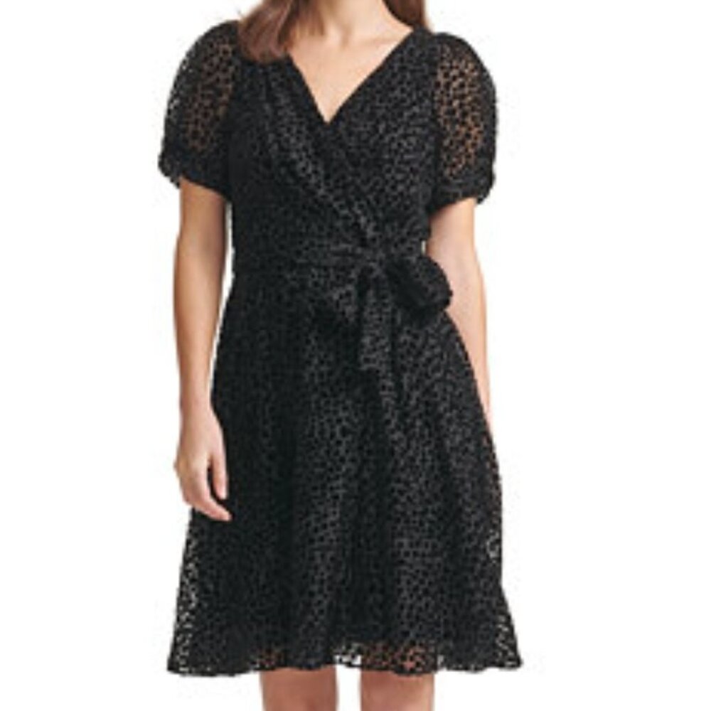 DKNY Black Velvet Polka Dot Tie Dress 20W